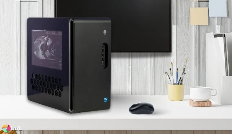 Alienware Aurora R16 Gaming PC on a white office desk styled for promotional review