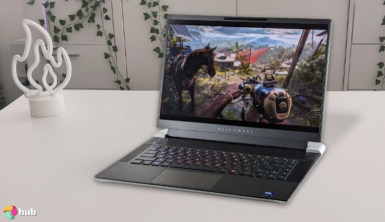 Alienware X16 R2 Gaming Laptop on a white office desk positioned for photography