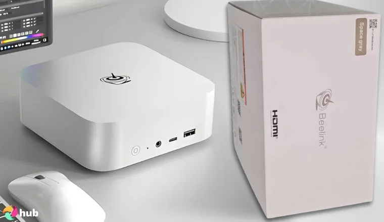 Beelink SER8 Mini Gaming PC on a white office desk in close-up for a review