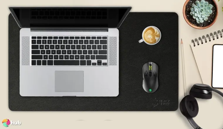 Black Shark Manta P3Gaming Mouse Pad on a white office desk with creative arrangement for a review