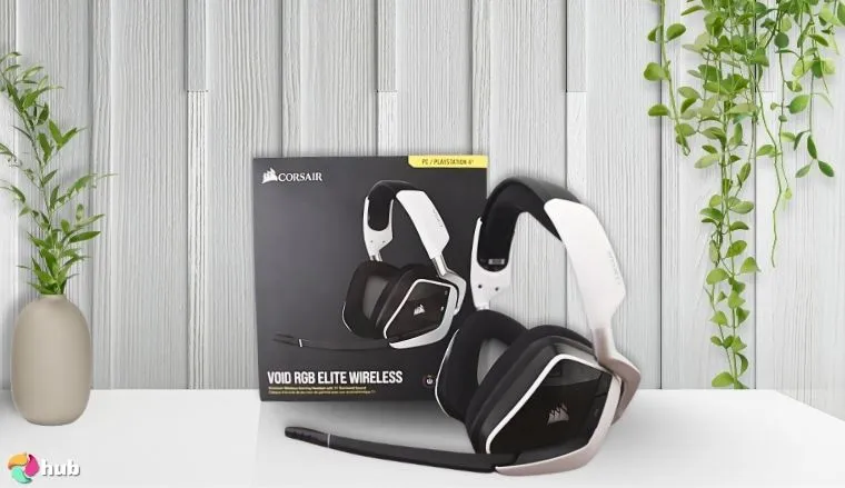 Corsair VOID RGB Elite Gaming Headset on a white office desk styled neatly for a review