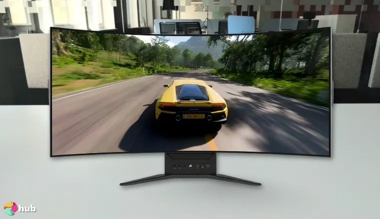 Corsair Xeneon Flex 45WQHD240 Monitor on a white office desk positioned for photography