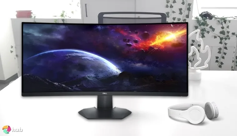 Dell S3422DWG Monitor on a white office desk prepared for testing shots