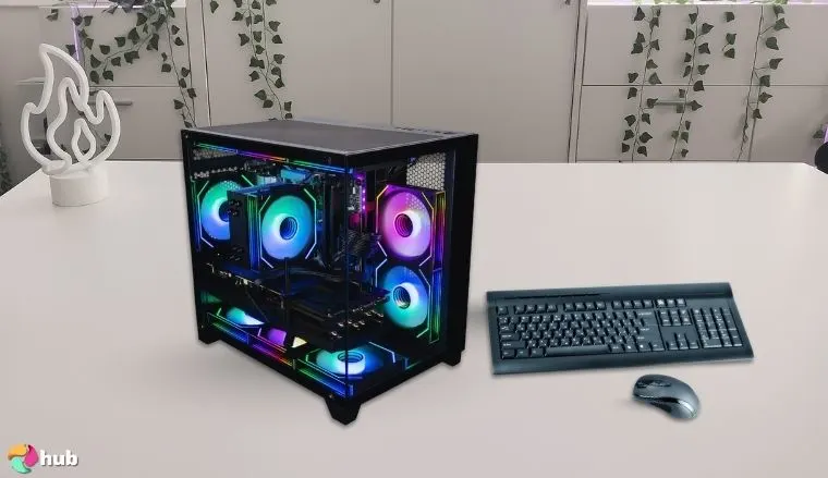 Empowered PC Panorama Gaming PC on a white office desk in a top-down view for a review