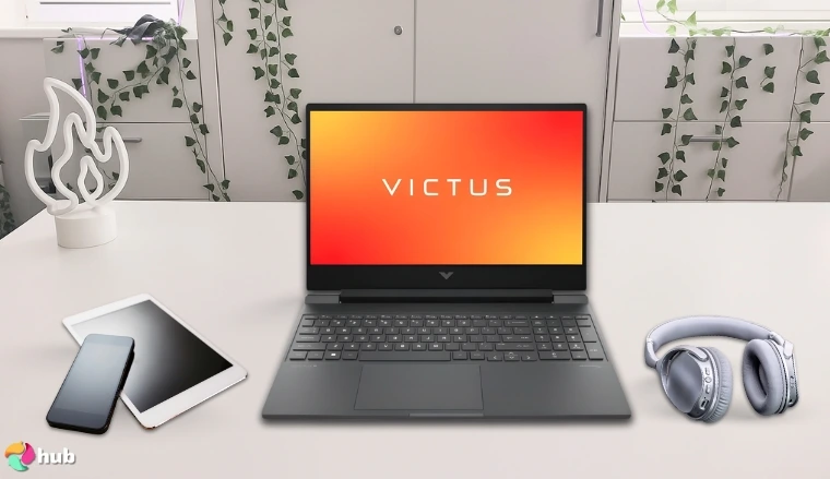 HP Victus RTX 2050 Gaming Laptop on a white office desk with soft lighting for a review