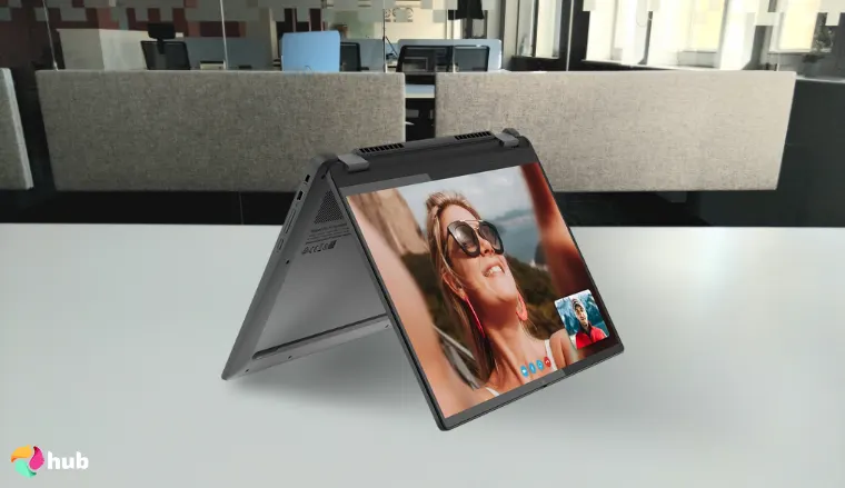 Lenovo IdeaPad Flex 5i Gaming Laptop on a white office desk with natural shadows for a review