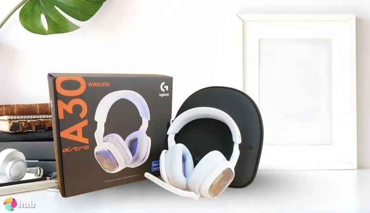 Logitech G Astro A30 Gaming Headset on a white office desk prepared for testing shots