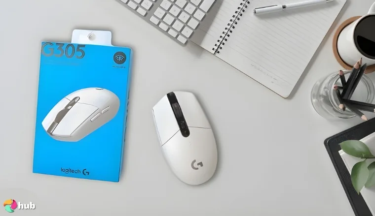 Logitech G305 Lightspeed Gaming Mouse on a white office desk with creative arrangement for a review