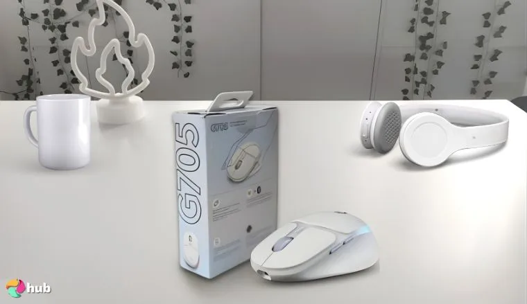 Logitech G705 Wireless Gaming Mouse on a white office desk photographed for a review