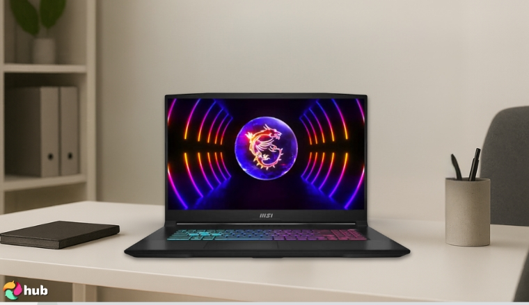 MSI Katana A17 Gaming Laptop on a white office desk with balanced composition for a review