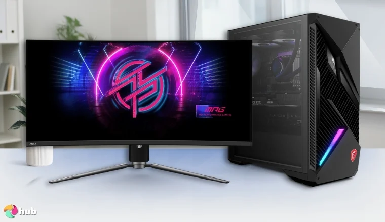 MSI MPG 321CURX QD-OLED Monitor on a white office desk with neat arrangement for a review