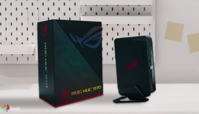 ROG NUC 760 Full System Mini Gaming PC on a white office desk in a minimalist setup for a review
