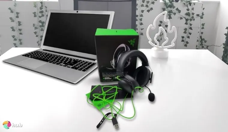 Razer BlackShark V2 Headset on a white office desk in a bright workspace for a review