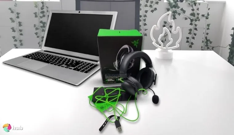 Razer BlackShark V2 X Gaming Headset on a white office desk with simple styling for a review
