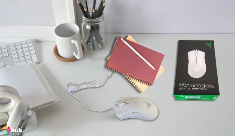 Razer DeathAdder Essential Gaming Mouse on a white office desk ready for a product review