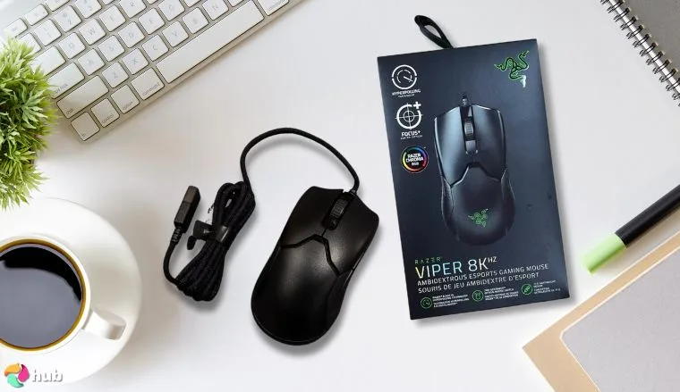 Razer Viper 8K Hz Mouse on a white office desk in a clean setup for a review