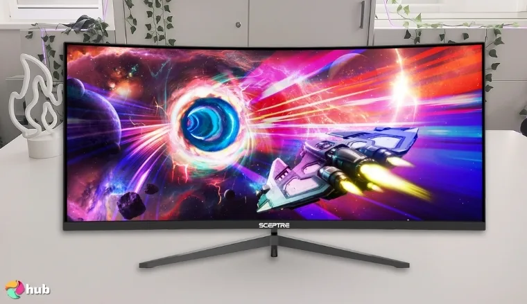 Sceptre 34-Inch Curved Ultrawide WQHD Monitor on a white office desk in a minimalist setup for a review