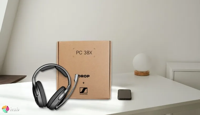 Sennheiser/EPOS PC38X Headset on a white office desk in a clean setup for a review