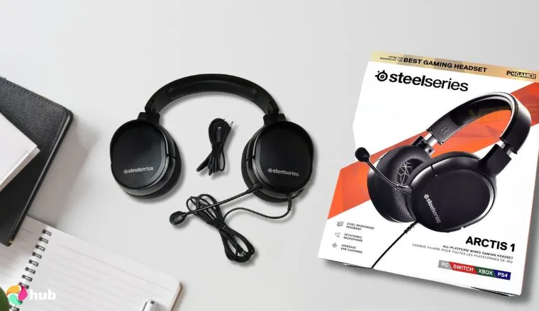 SteelSeries Arctis 1 Headset on a white office desk in a top-down view for a review