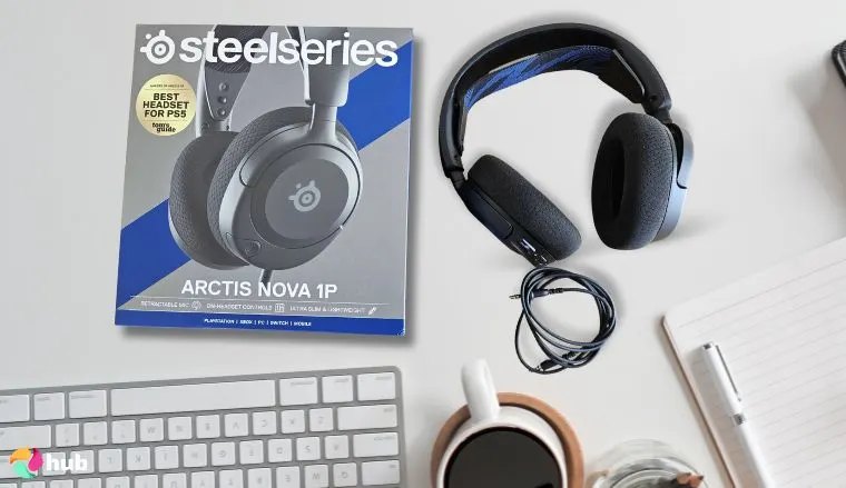 SteelSeries Arctis Nova 1 Headset on a white office desk set for a professional product review