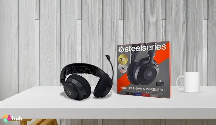 SteelSeries Arctis Nova 5 Headset on a white office desk in a minimalist setup for a review