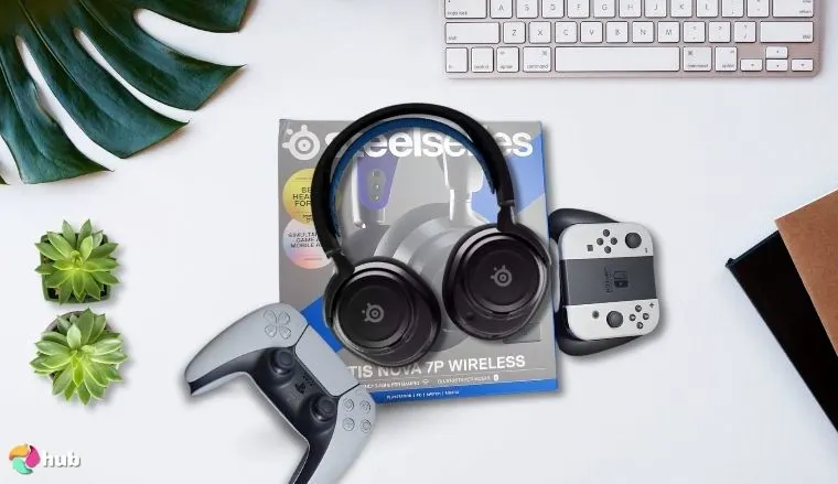 SteelSeries Arctis Nova 7P Headset on a white office desk with creative arrangement for a review