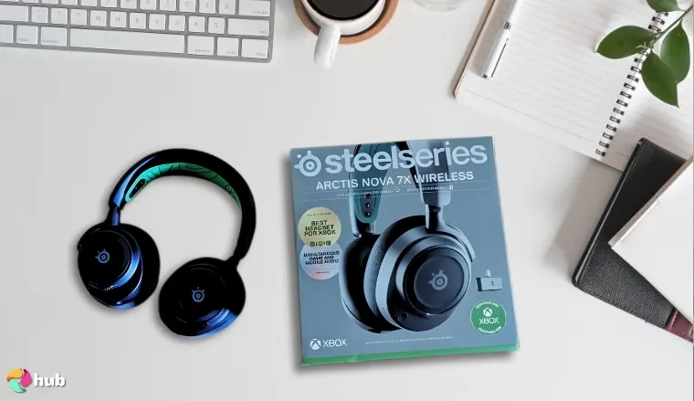 SteelSeries Arctis Nova 7X Headset on a white office desk with an editorial style for a review