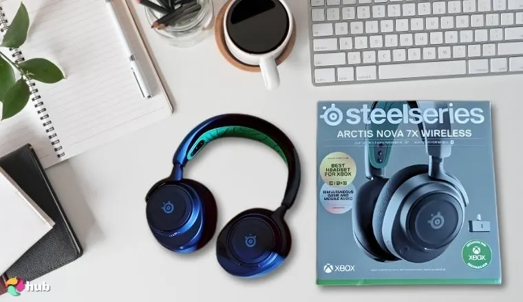 SteelSeries Arctis Nova 7X Gaming Headset on a white office desk prepared for testing shots