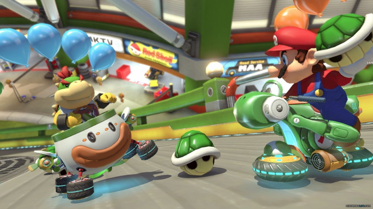Mario Kart 8 Deluxe Mario Throwing a Turtle at an Opponent
