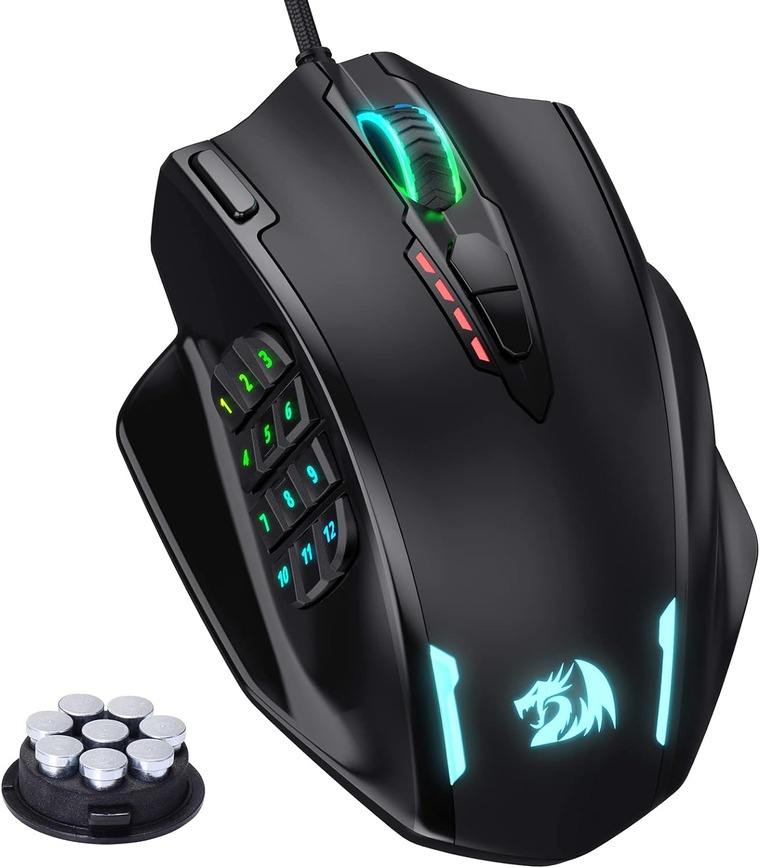 Redragon M908 Impact – MMO gaming mouse with 12 side buttons, high DPI, and customizable RGB lighting.