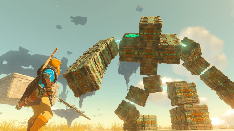 The Legend of Zelda: Tears of the Kingdom Link Fighting a Huge Moster Made of Cubes