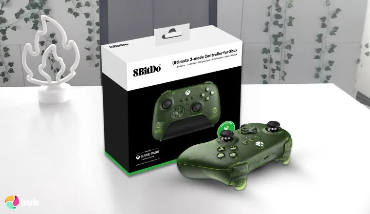 8BitDo Ultimate 3-Mode Controller Xbox Controller on a white office desk in a top-down view for a review