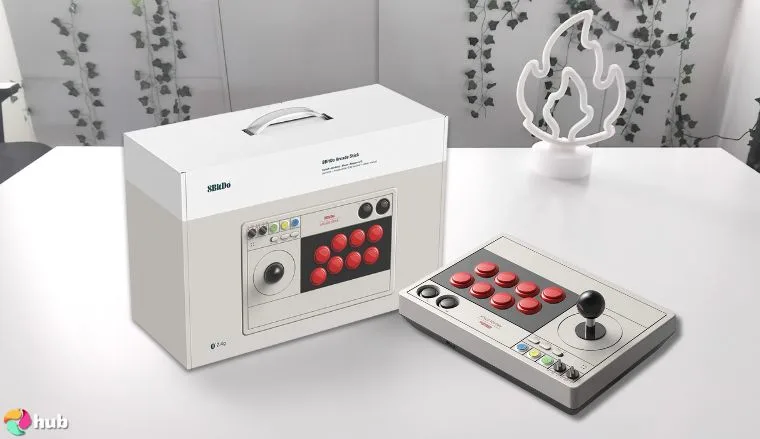 8Bitdo Arcade Stick Controller on a white office desk styled neatly for a review
