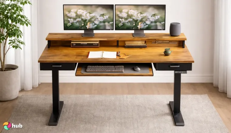 AODK 55 Inch with Drawers & Keyboard Tray Standing Desk in the room with neat arrangement for a review
