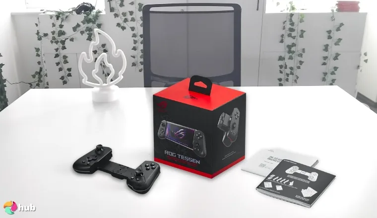 ASUS ROG Tessen Mobile Controller on a white office desk with natural shadows for a review