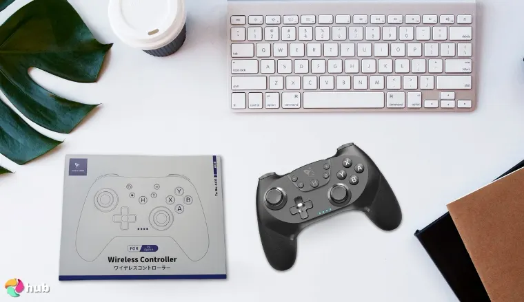 AceGamer Wireless Controller for Switch on a white office desk with creative arrangement for a review