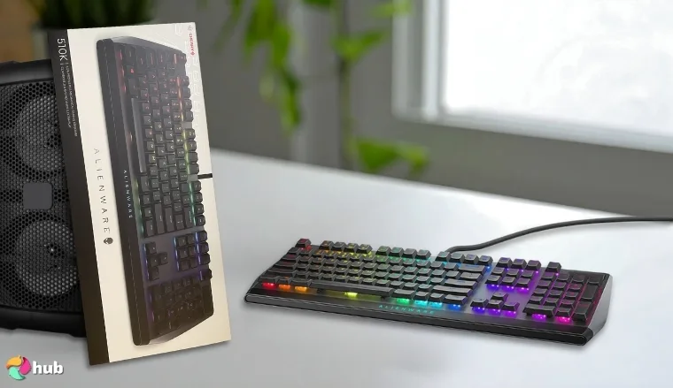 Alienware RGB 510K Gaming Keyboard on a white office desk with simple styling for a review