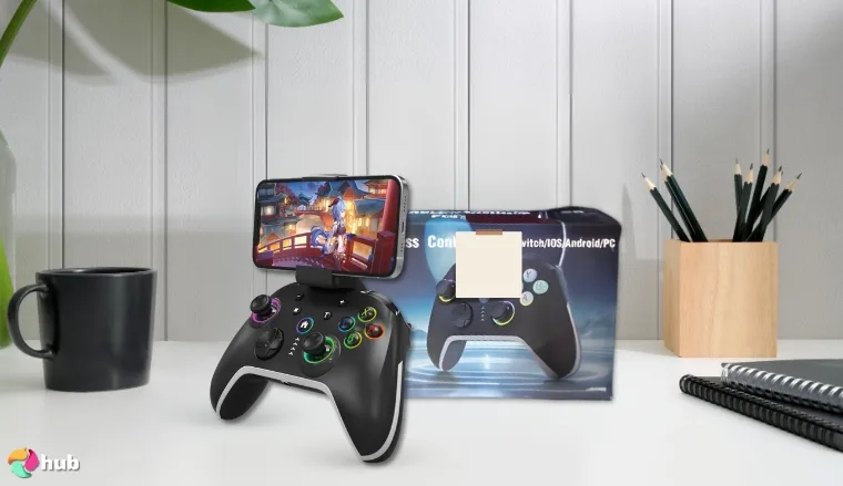 Bcofo Bluetooth Wireless Mobile Controller on a white office desk styled for promotional review