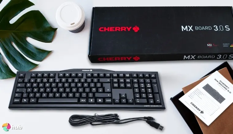 Cherry MX Board 3.0 S Gaming Keyboard on a white office desk in close-up for a review