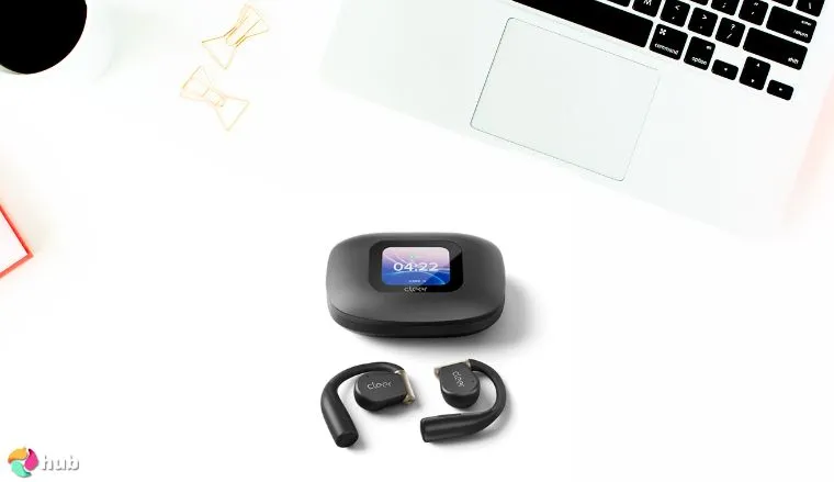 Cleer ARC 3 Gaming Earbuds on a white office desk positioned for photography