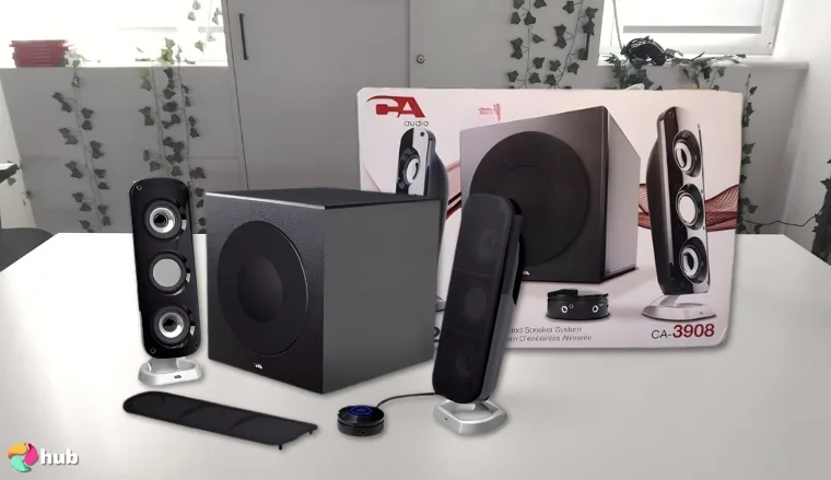 Cyber Acoustics CA-3908 2.1 Computer Speakers on a white office desk in a bright workspace for a review