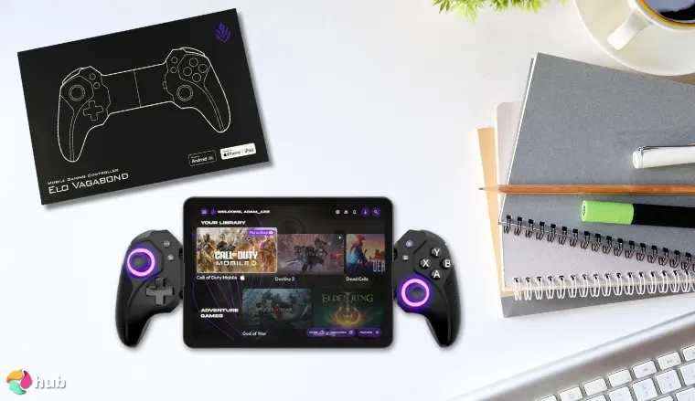 ELO Vagabond Mobile Controller on a white office desk with professional arrangement for a review