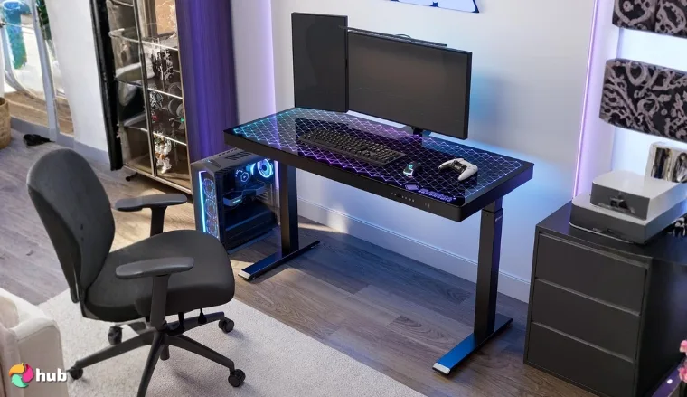 EUREKA RGB Lights Height Adjustable 55 Inch Standing Desk in the gaming room photographed for a review