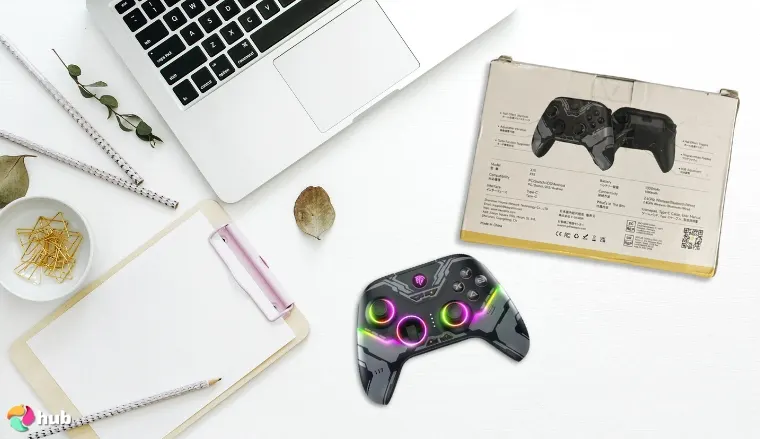 EasySMX X15 Controller on a white office desk with professional arrangement for a review