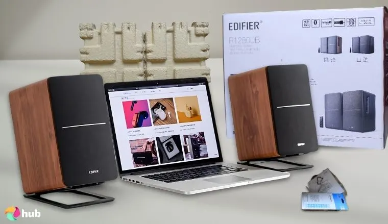 Edifier R1280DBs Gaming Speakers on a white office desk prepared for testing shots