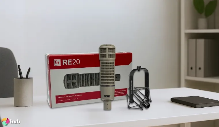 Electro-Voice RE20 Microphone on a white office desk styled neatly for a review