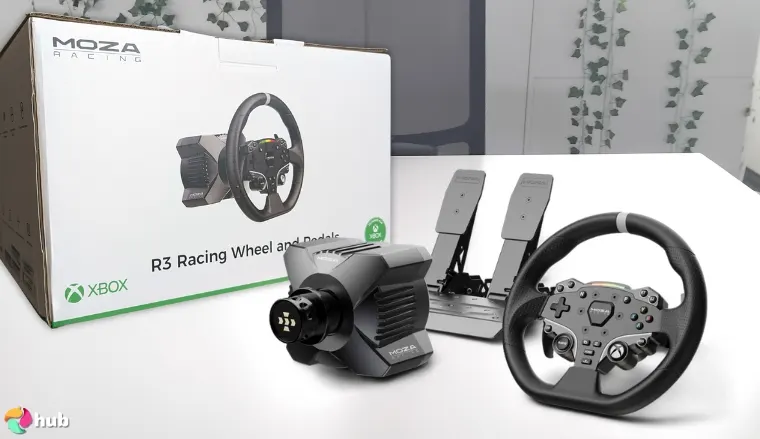 MOZA R3 Xbox Racing Wheel on a white office desk positioned for photography
