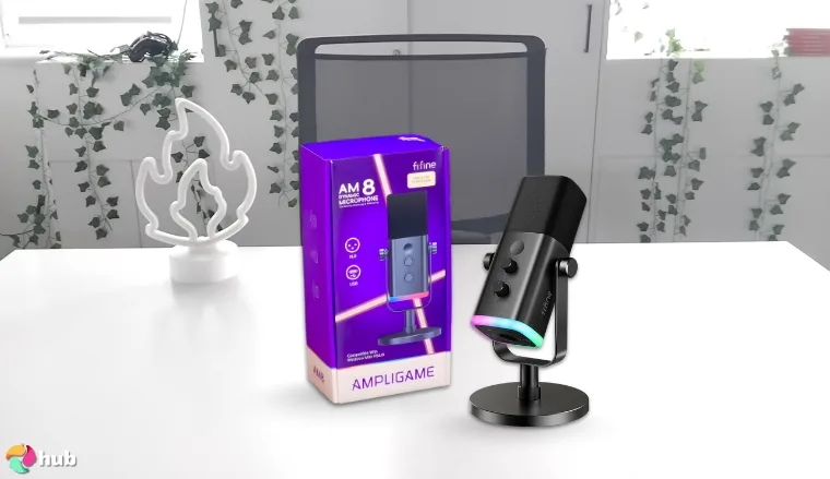 FIFINE AM8W Microphone on a white office desk with an uncluttered background for a review