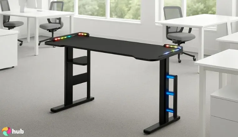 Flycity 55” x 24″ Gaming Desk in the office with soft lighting for a review