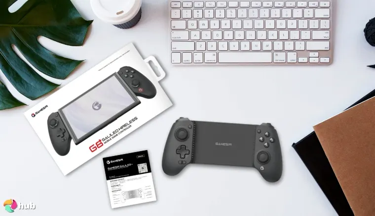 GameSir G8 Plus Mobile Controller on a white office desk photographed for a review